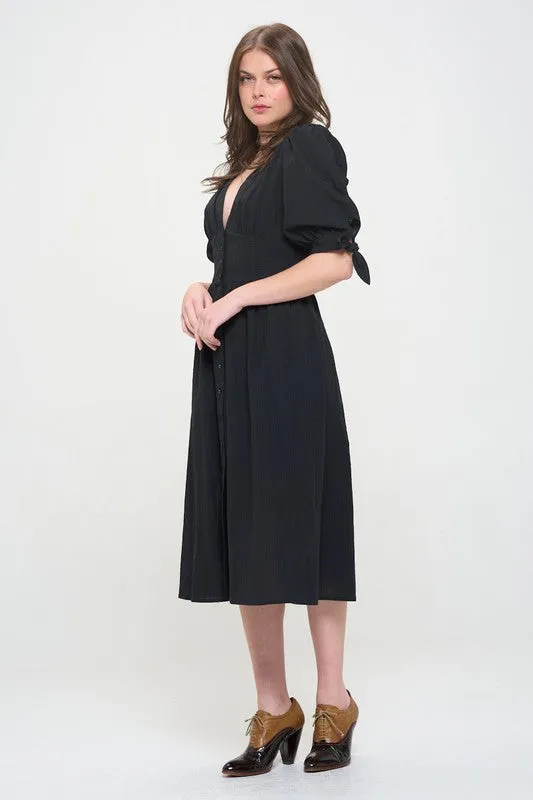 Puff Sleeve V-Neck Button Down Midi Dress