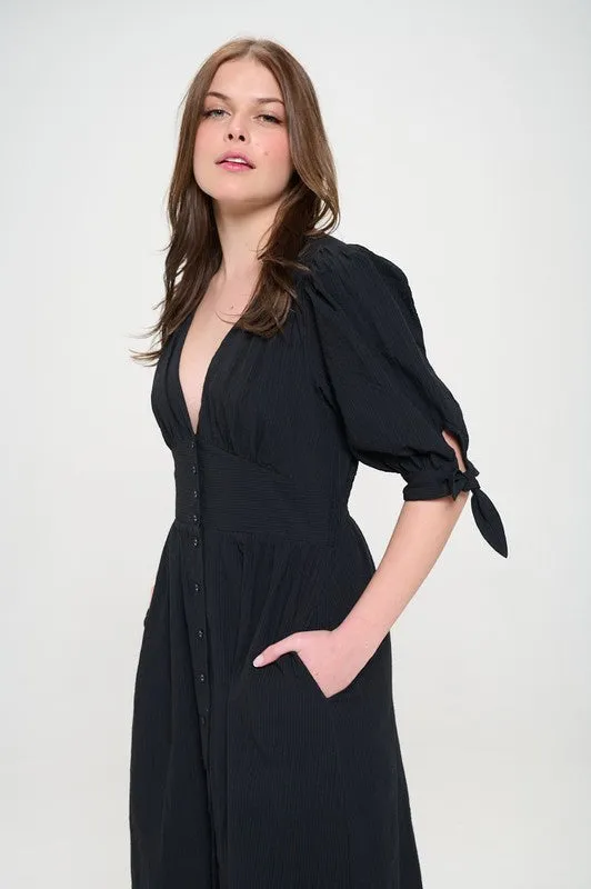 Puff Sleeve V-Neck Button Down Midi Dress