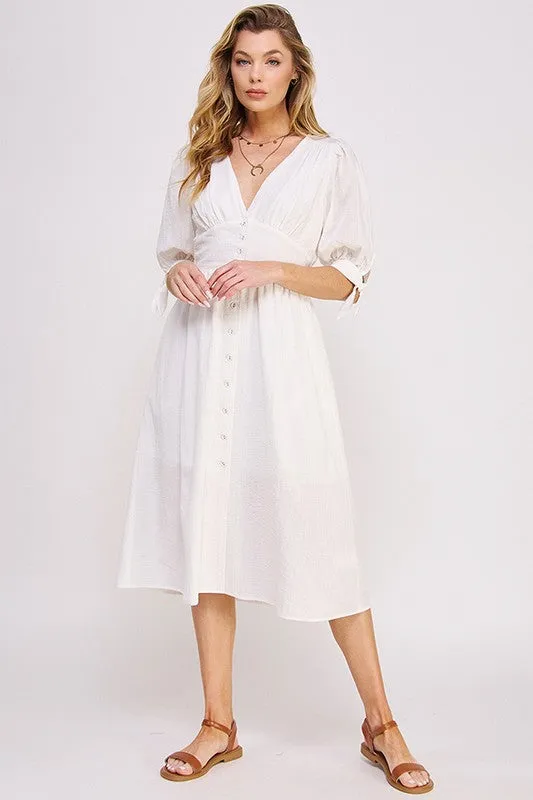 Puff Sleeve V-Neck Button Down Midi Dress