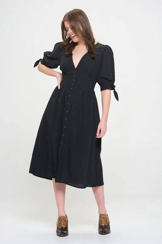 Puff Sleeve V-Neck Button Down Midi Dress