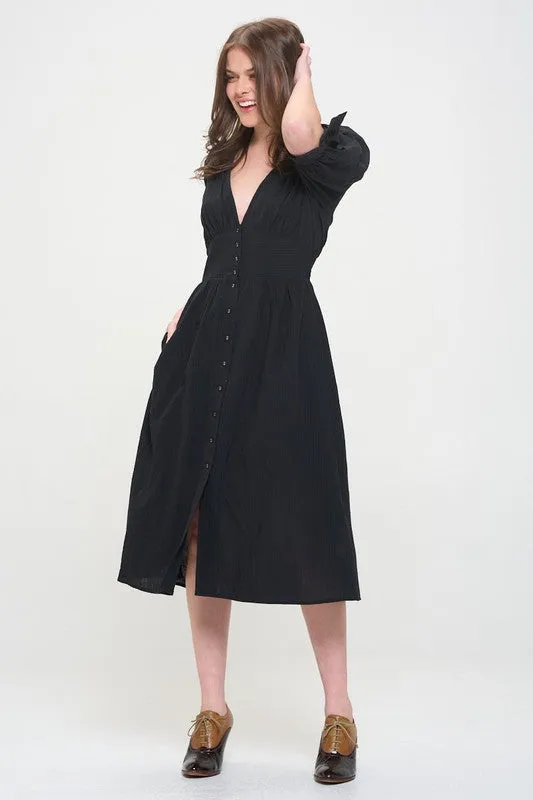 Puff Sleeve V-Neck Button Down Midi Dress