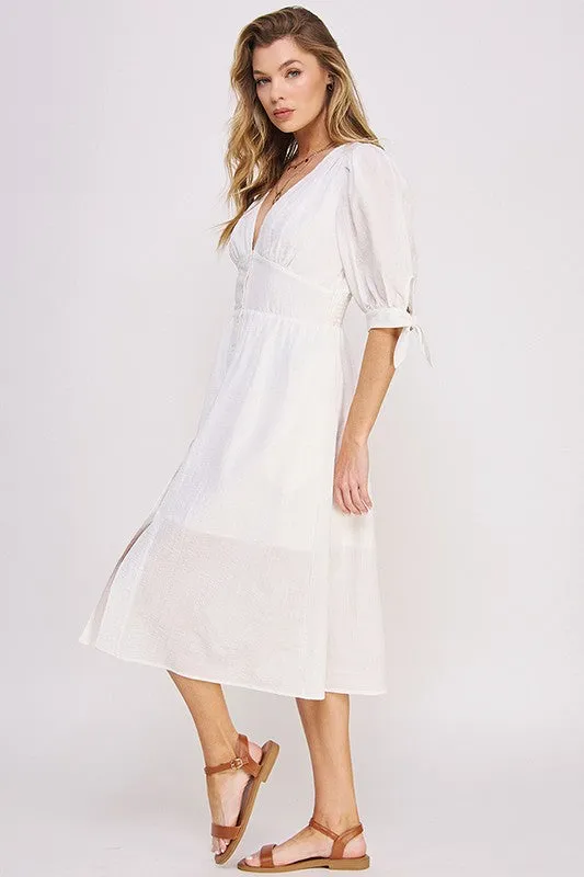 Puff Sleeve V-Neck Button Down Midi Dress