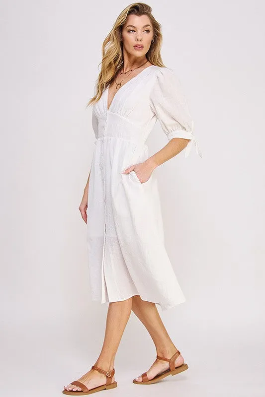 Puff Sleeve V-Neck Button Down Midi Dress