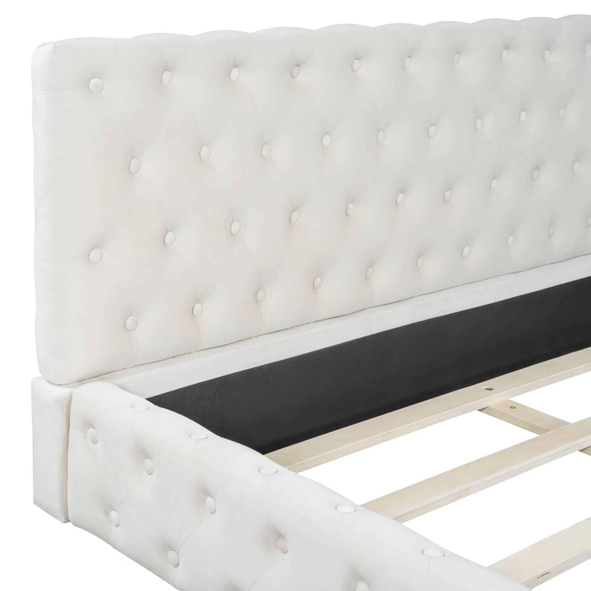 Queen Size Velvet Upholstered Platform Bed, with Luxurious Diamond Grid Headboard,Beige