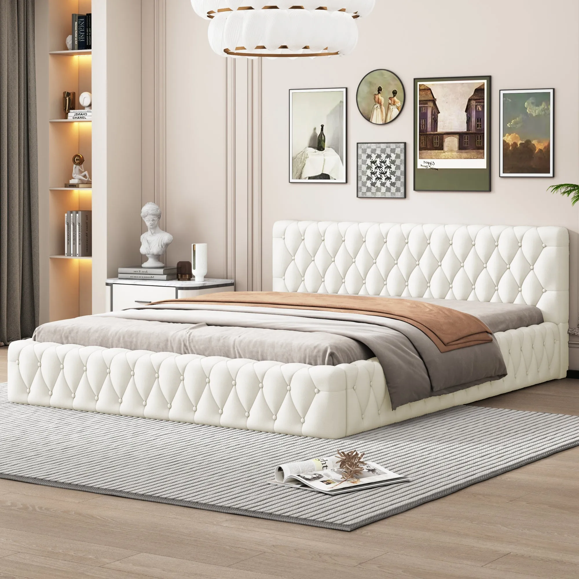 Queen Size Velvet Upholstered Platform Bed, with Luxurious Diamond Grid Headboard,Beige