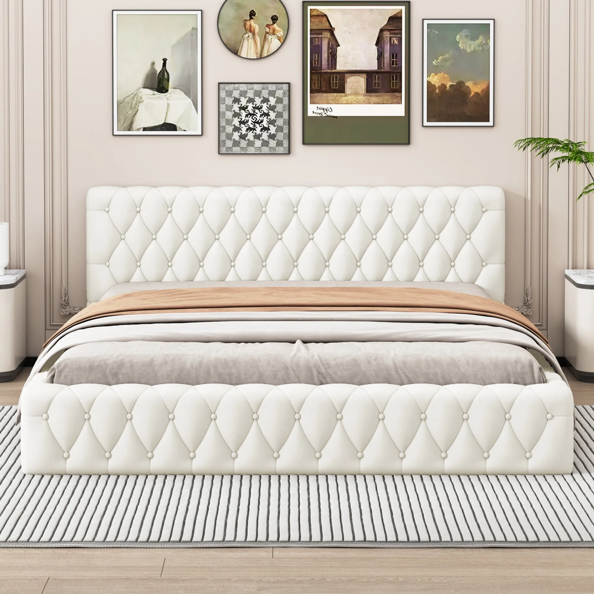 Queen Size Velvet Upholstered Platform Bed, with Luxurious Diamond Grid Headboard,Beige