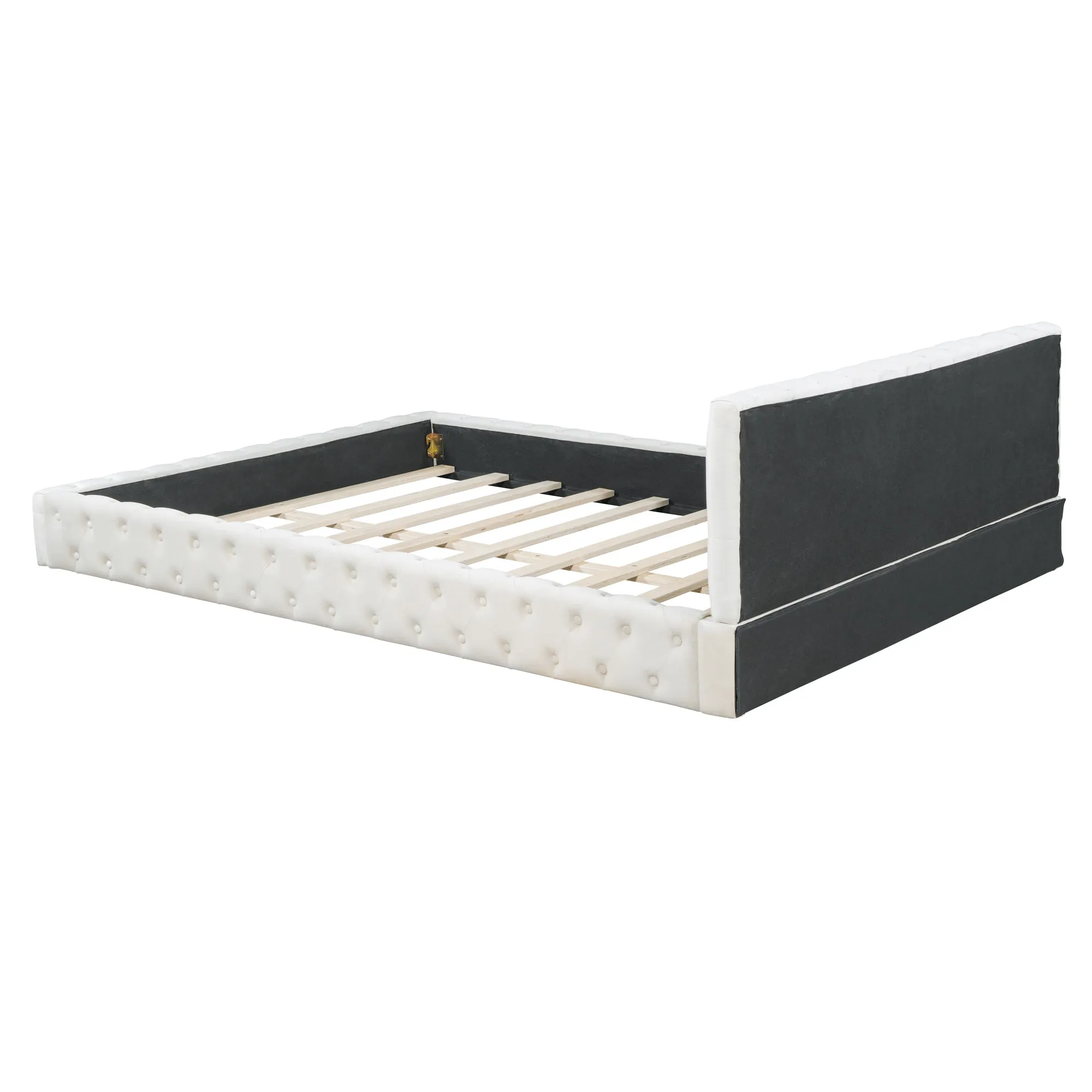 Queen Size Velvet Upholstered Platform Bed, with Luxurious Diamond Grid Headboard,Beige