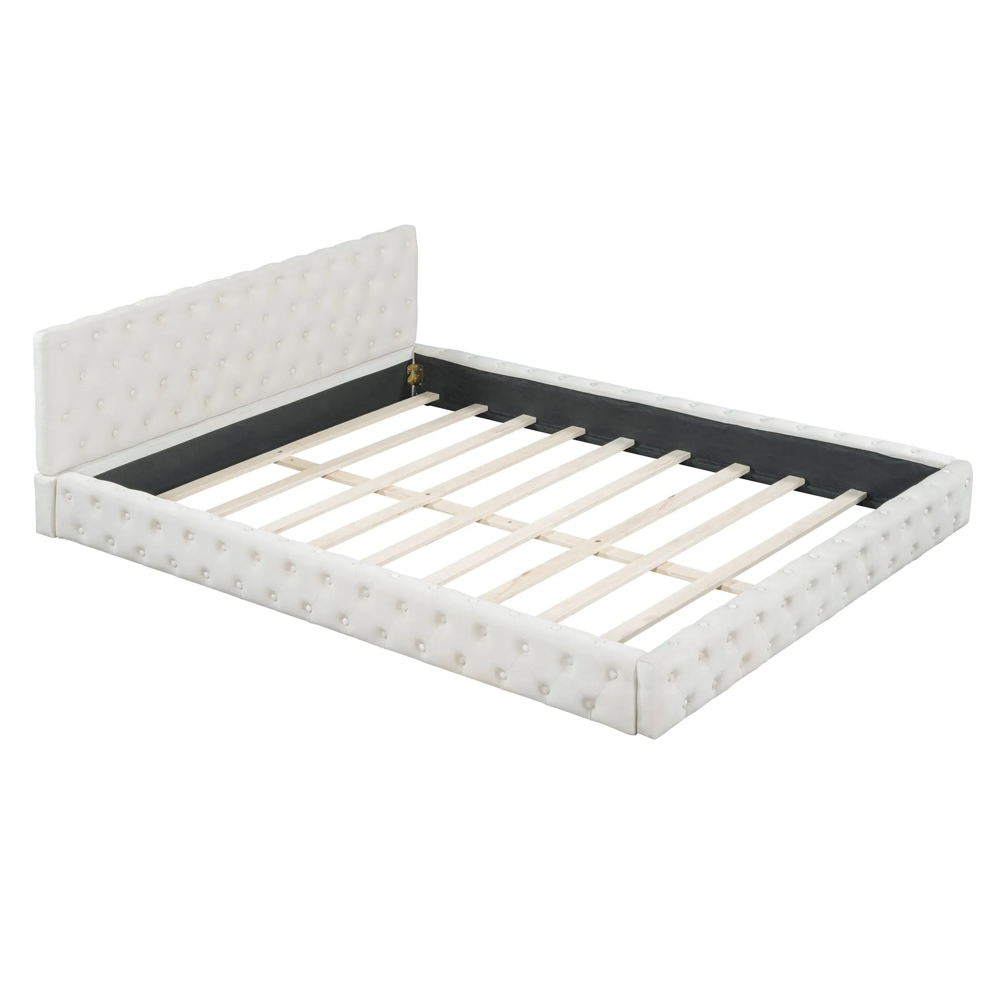 Queen Size Velvet Upholstered Platform Bed, with Luxurious Diamond Grid Headboard,Beige