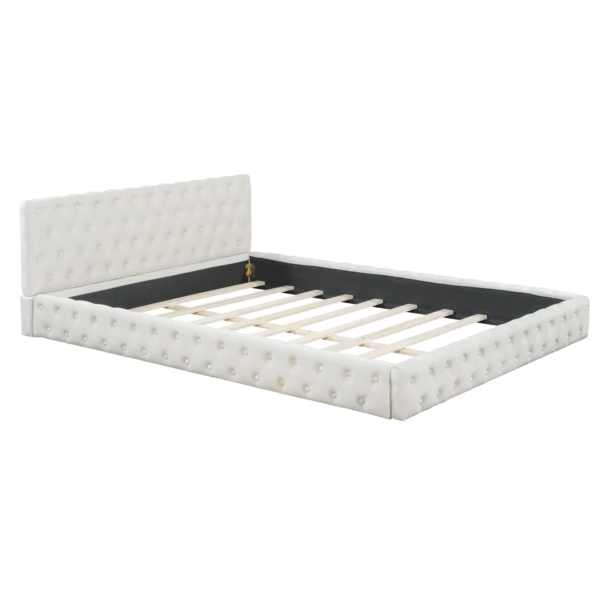 Queen Size Velvet Upholstered Platform Bed, with Luxurious Diamond Grid Headboard,Beige