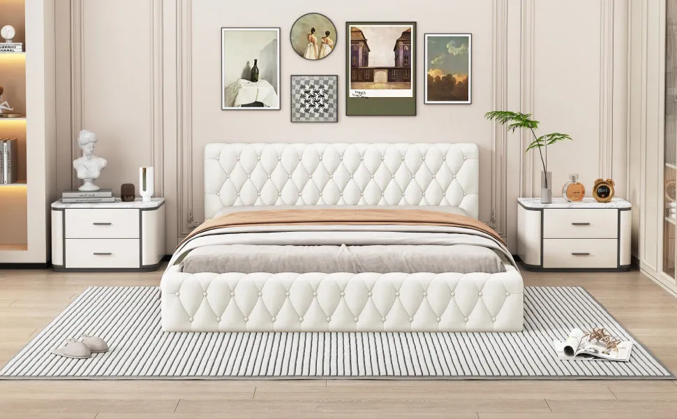 Queen Size Velvet Upholstered Platform Bed, with Luxurious Diamond Grid Headboard,Beige