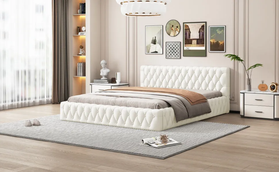 Queen Size Velvet Upholstered Platform Bed, with Luxurious Diamond Grid Headboard,Beige