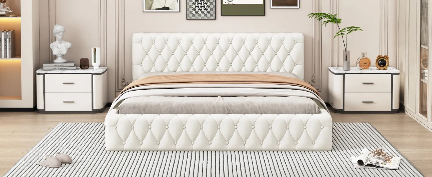 Queen Size Velvet Upholstered Platform Bed, with Luxurious Diamond Grid Headboard,Beige