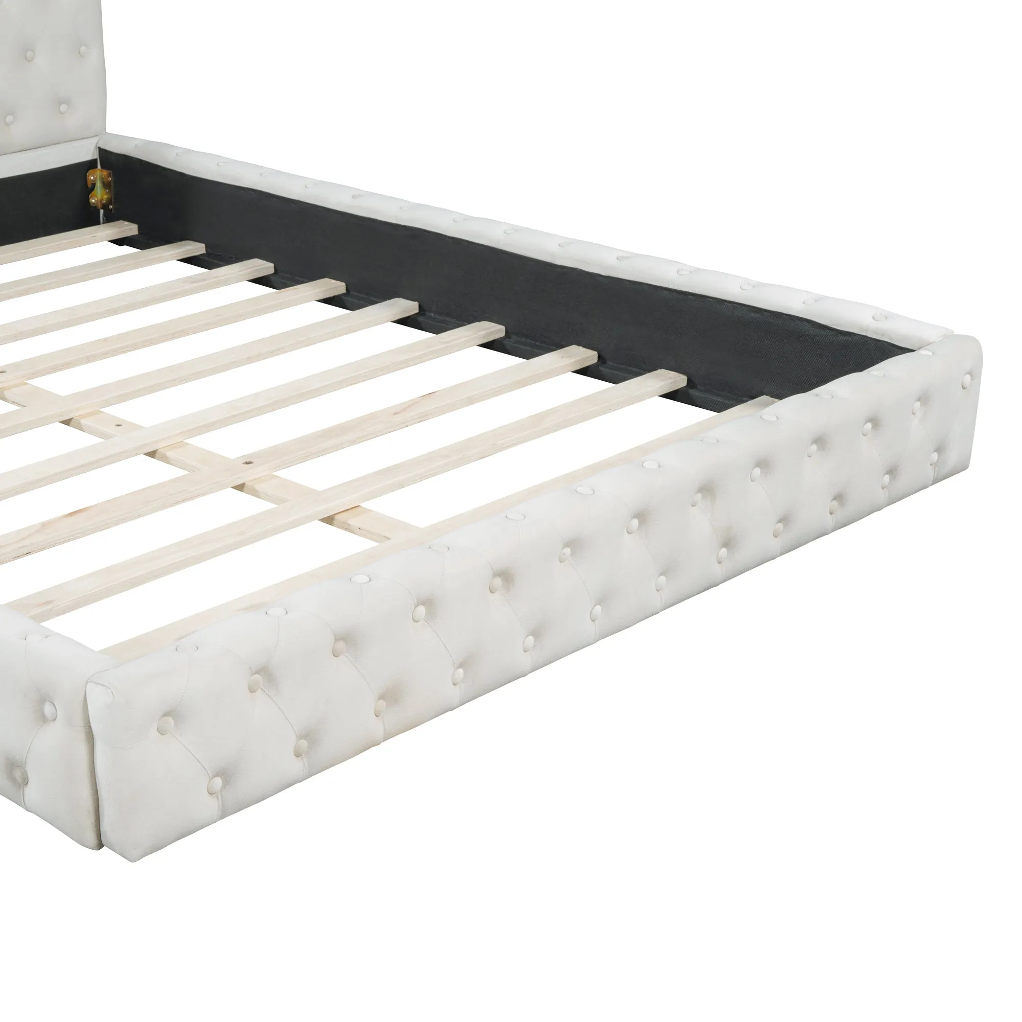 Queen Size Velvet Upholstered Platform Bed, with Luxurious Diamond Grid Headboard,Beige