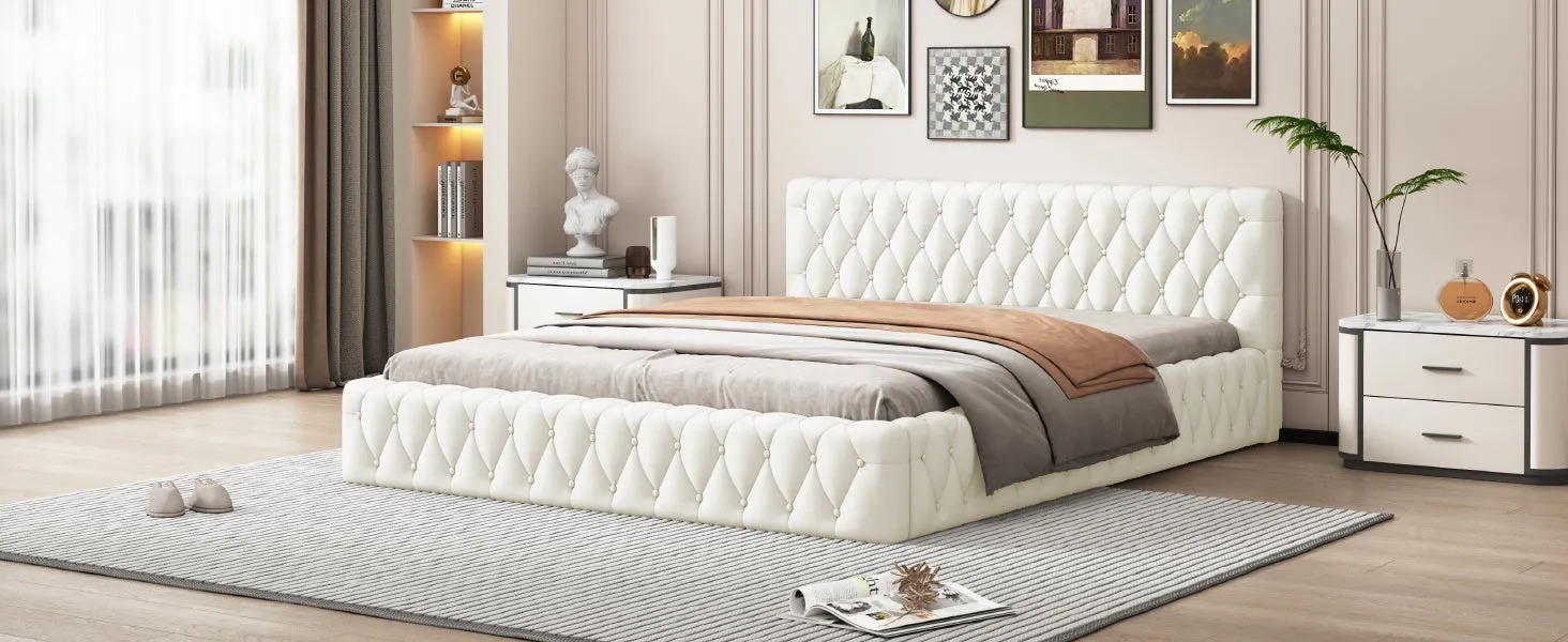 Queen Size Velvet Upholstered Platform Bed, with Luxurious Diamond Grid Headboard,Beige