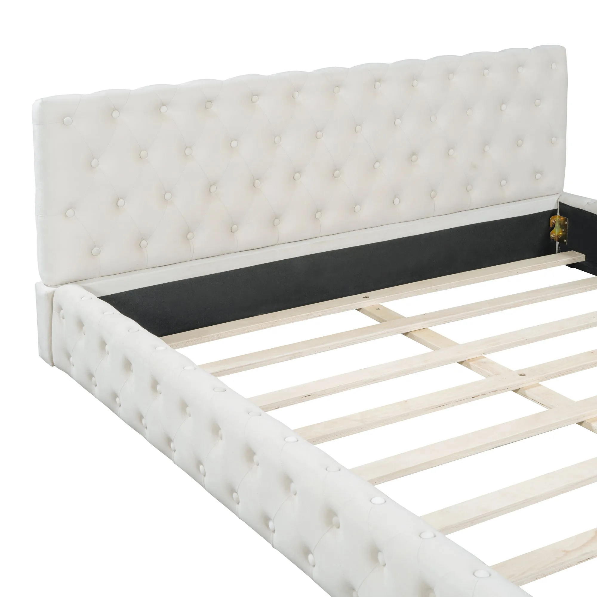 Queen Size Velvet Upholstered Platform Bed, with Luxurious Diamond Grid Headboard,Beige