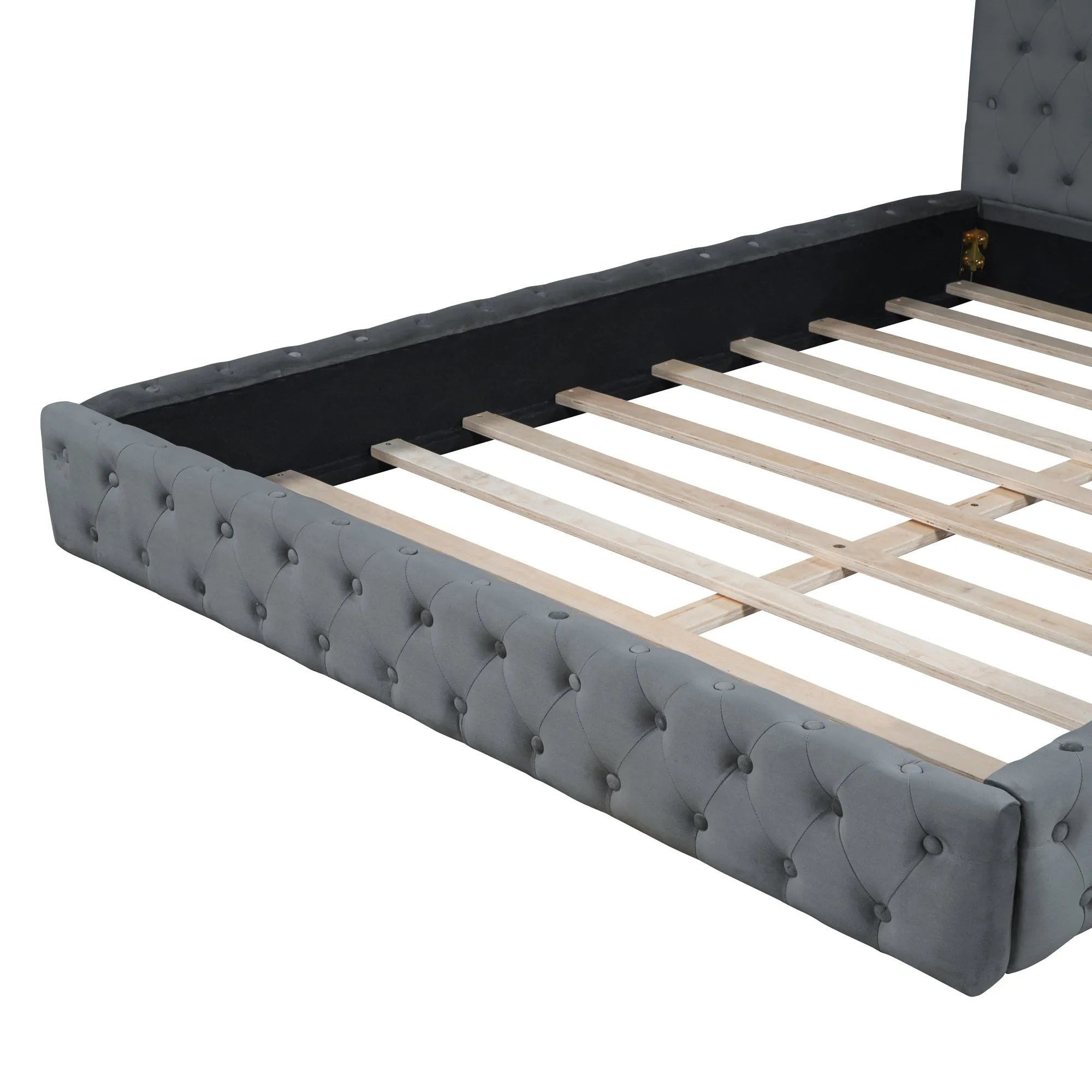 Queen Size Velvet Upholstered Platform Bed, with Luxurious Diamond Grid Headboard,Gray