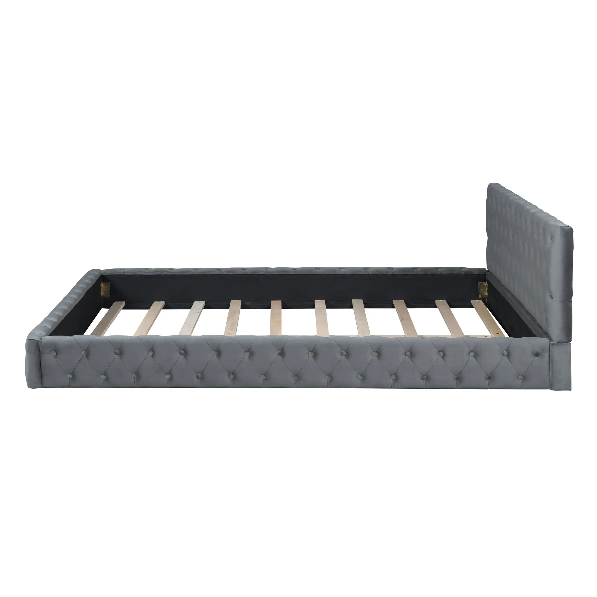 Queen Size Velvet Upholstered Platform Bed, with Luxurious Diamond Grid Headboard,Gray