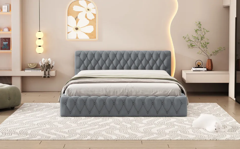 Queen Size Velvet Upholstered Platform Bed, with Luxurious Diamond Grid Headboard,Gray