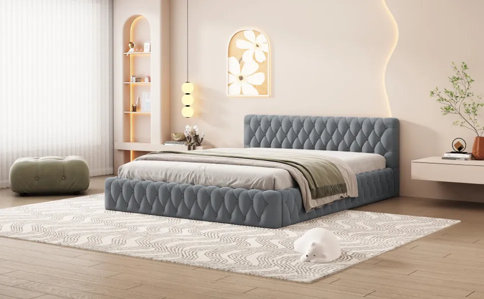 Queen Size Velvet Upholstered Platform Bed, with Luxurious Diamond Grid Headboard,Gray