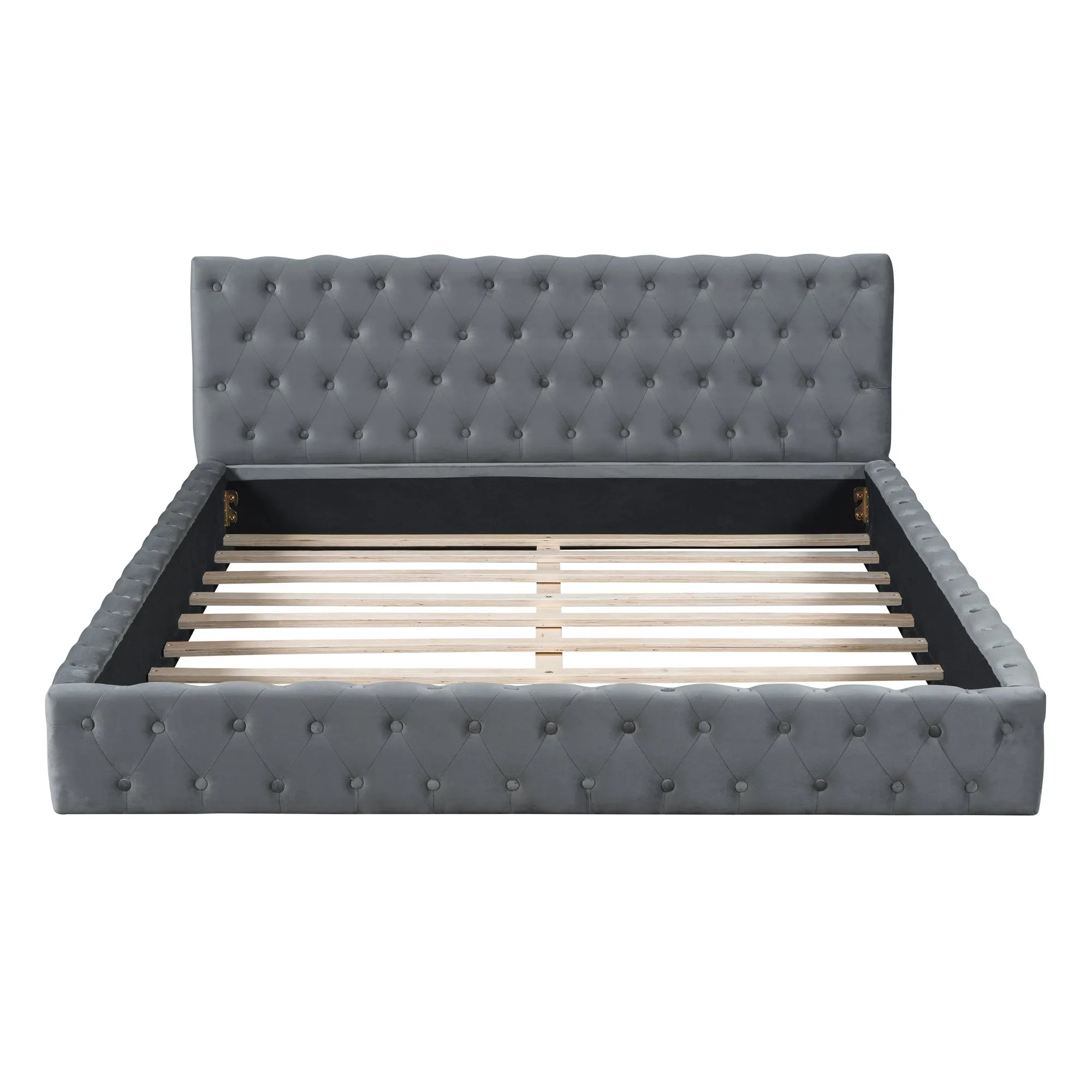 Queen Size Velvet Upholstered Platform Bed, with Luxurious Diamond Grid Headboard,Gray