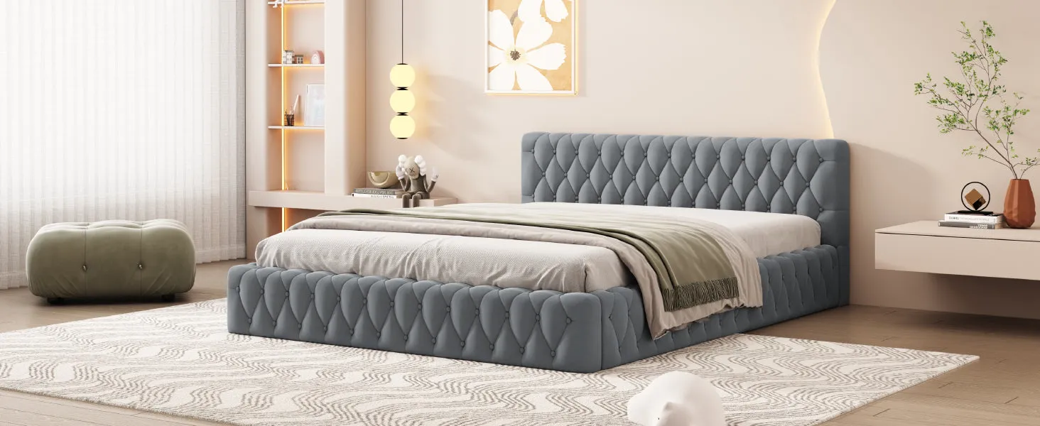 Queen Size Velvet Upholstered Platform Bed, with Luxurious Diamond Grid Headboard,Gray