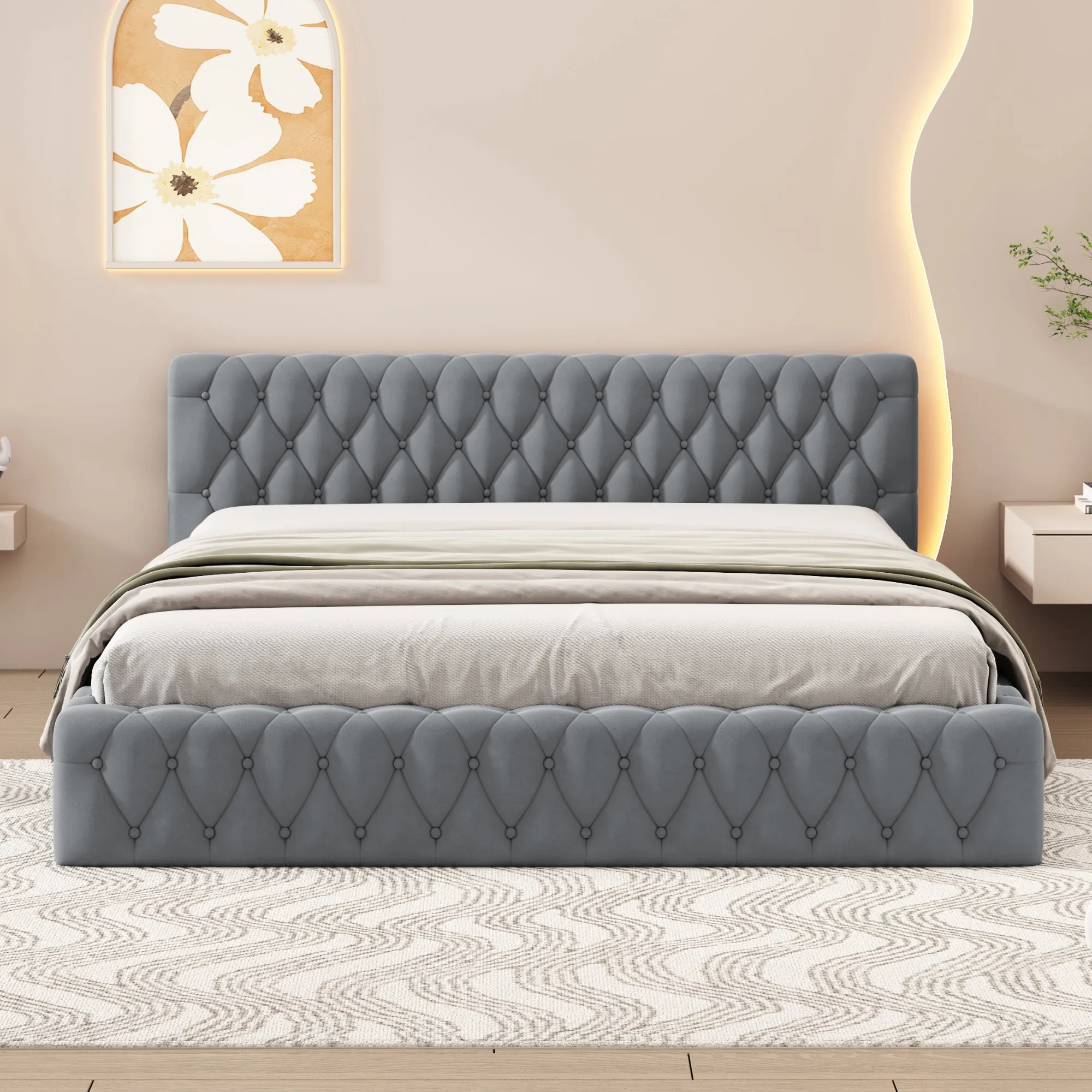 Queen Size Velvet Upholstered Platform Bed, with Luxurious Diamond Grid Headboard,Gray