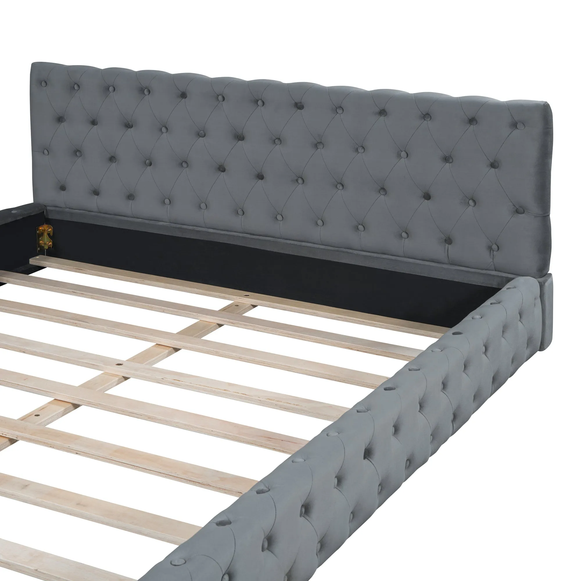 Queen Size Velvet Upholstered Platform Bed, with Luxurious Diamond Grid Headboard,Gray