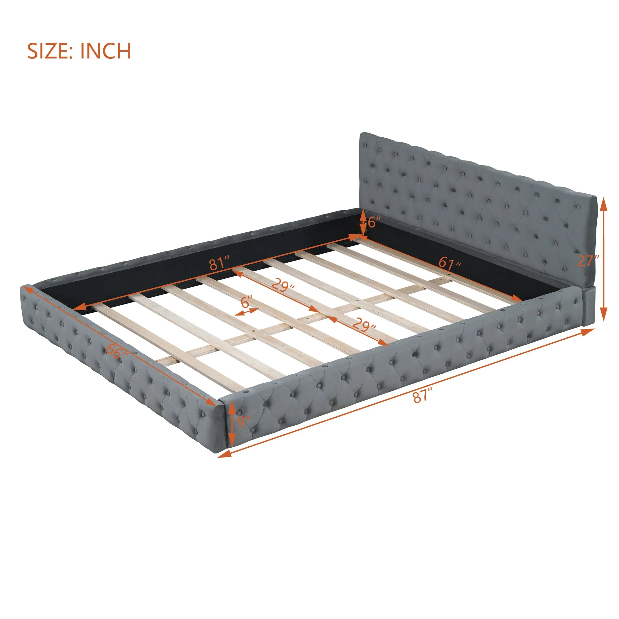 Queen Size Velvet Upholstered Platform Bed, with Luxurious Diamond Grid Headboard,Gray