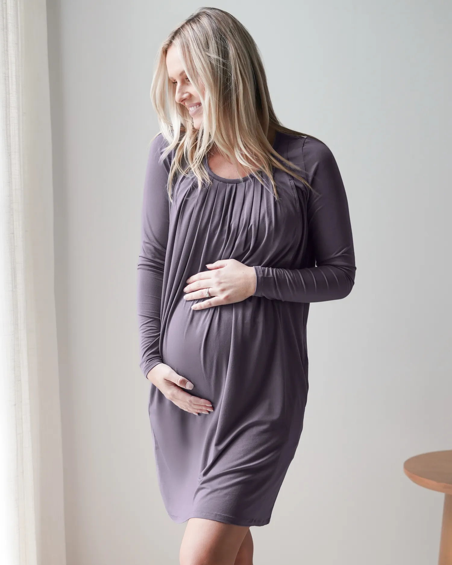 Quinn Bamboo Long Sleeve Maternity & Nursing Nightgown | Granite