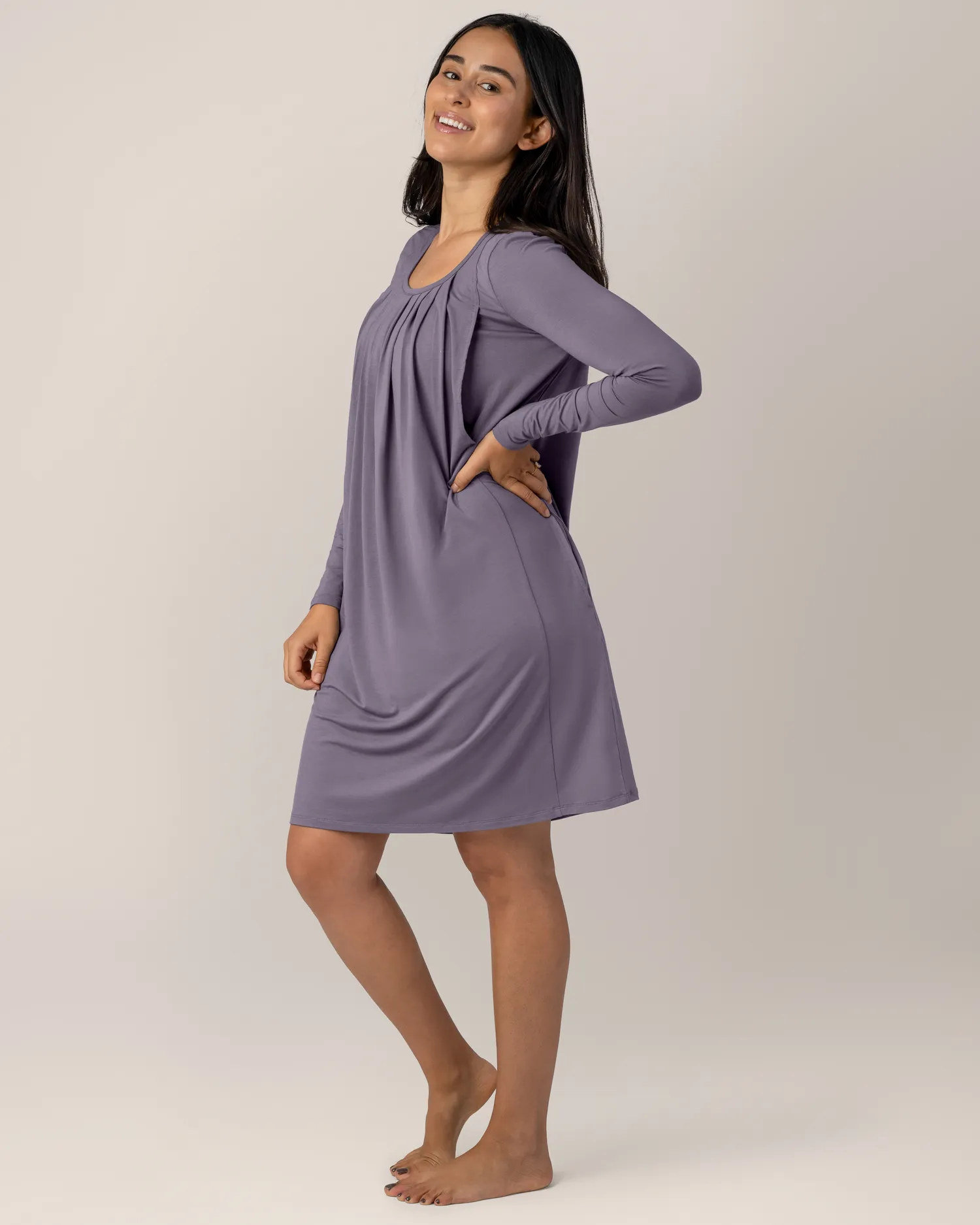 Quinn Bamboo Long Sleeve Maternity & Nursing Nightgown | Granite