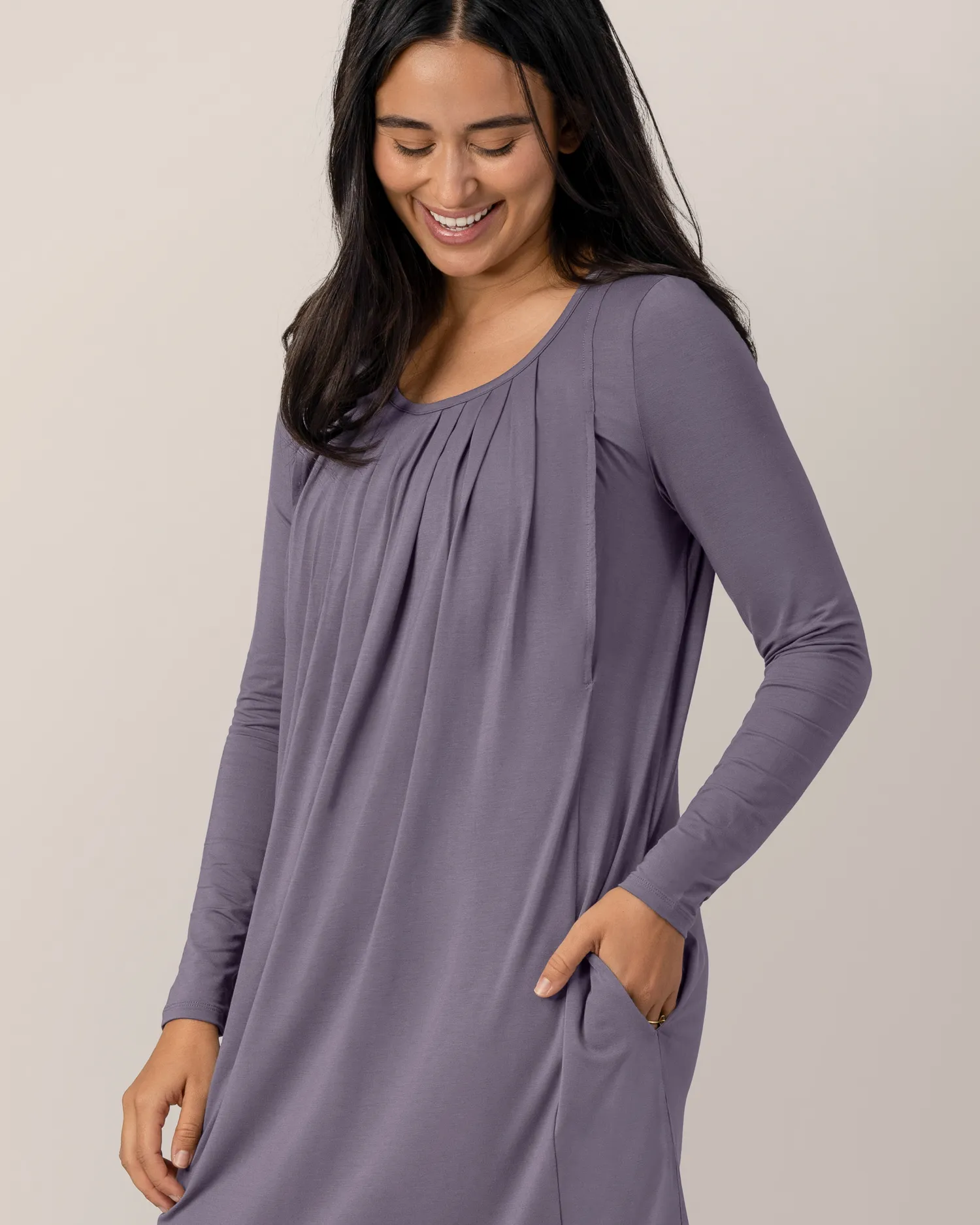 Quinn Bamboo Long Sleeve Maternity & Nursing Nightgown | Granite