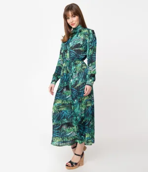 Retro Style Green Tropical Palm Print Maxi Dress