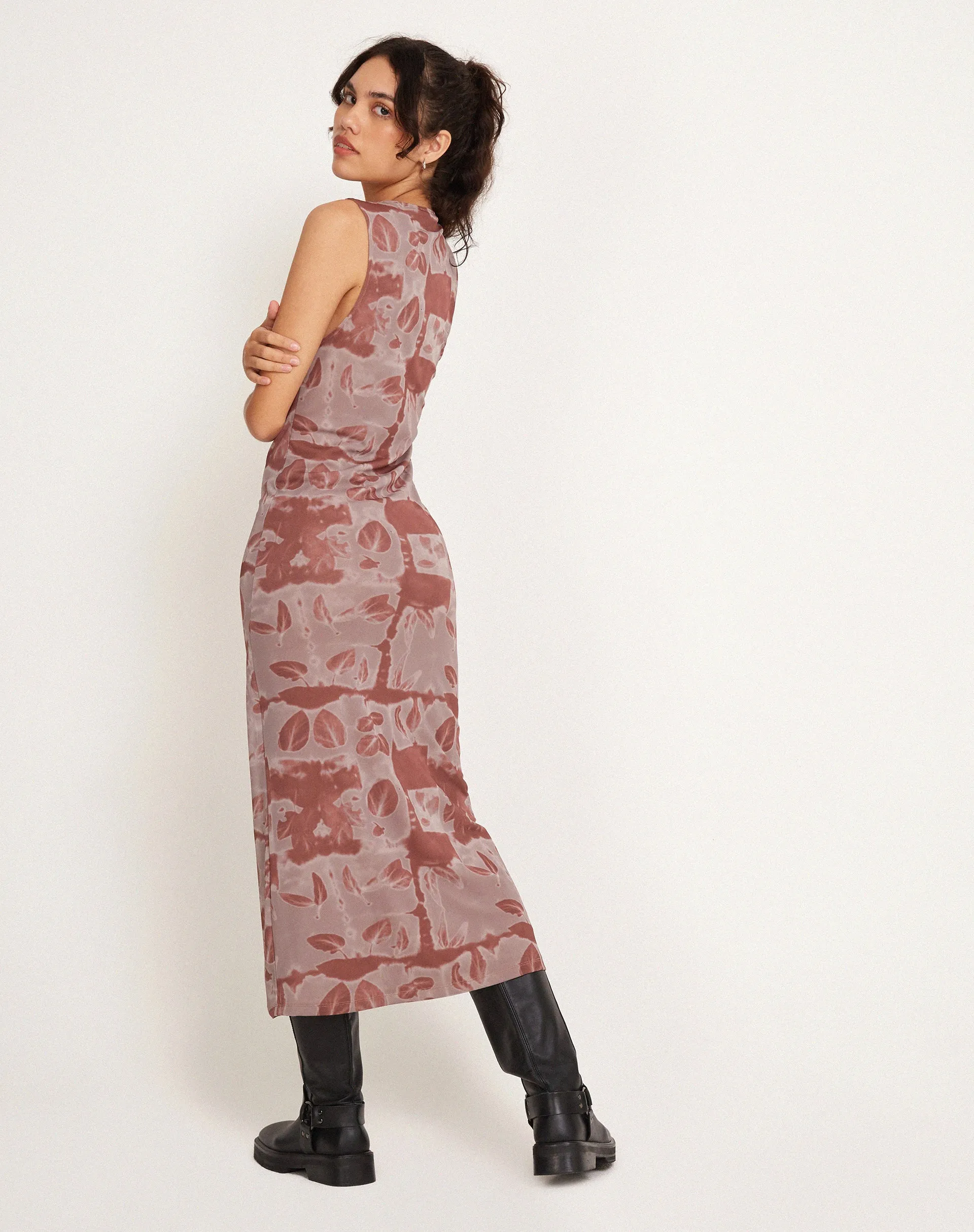 Roskila High Neck Mesh Maxi Dress in Botanical Bleed Warm Grey