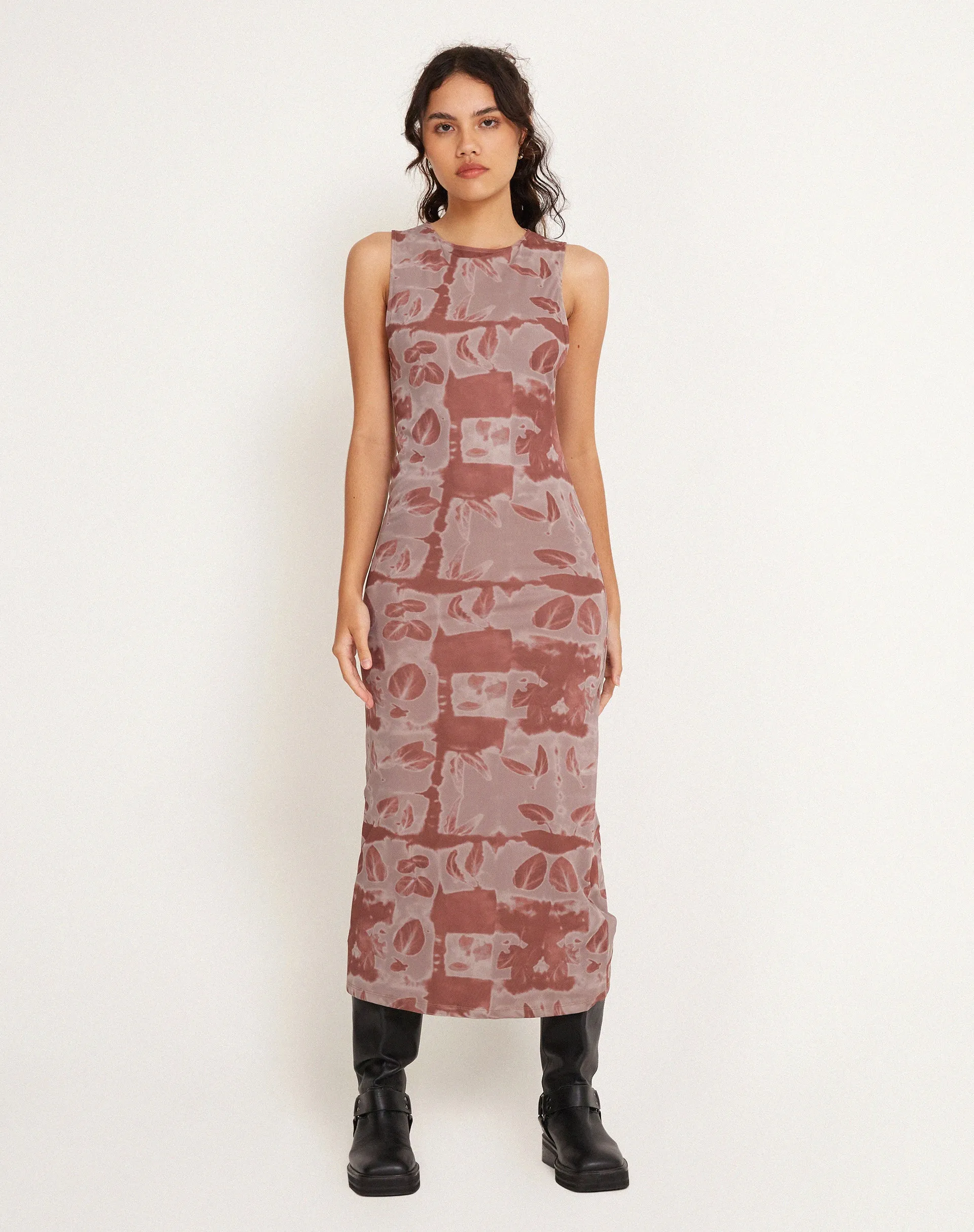 Roskila High Neck Mesh Maxi Dress in Botanical Bleed Warm Grey