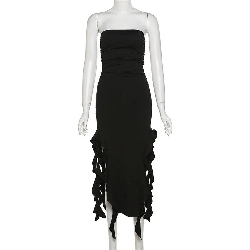 Ruffle Fringe Double Charming Slit Tube Midi Dress