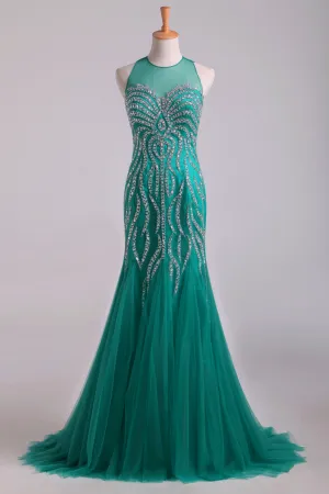 Scoop Mermaid Tulle Prom Dresses Fully Beaded Bodice Sweep Train