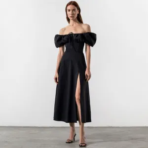 Sexy Puff Sleeve Tie Front High Split Off Shoulder Midi Sundress - Black