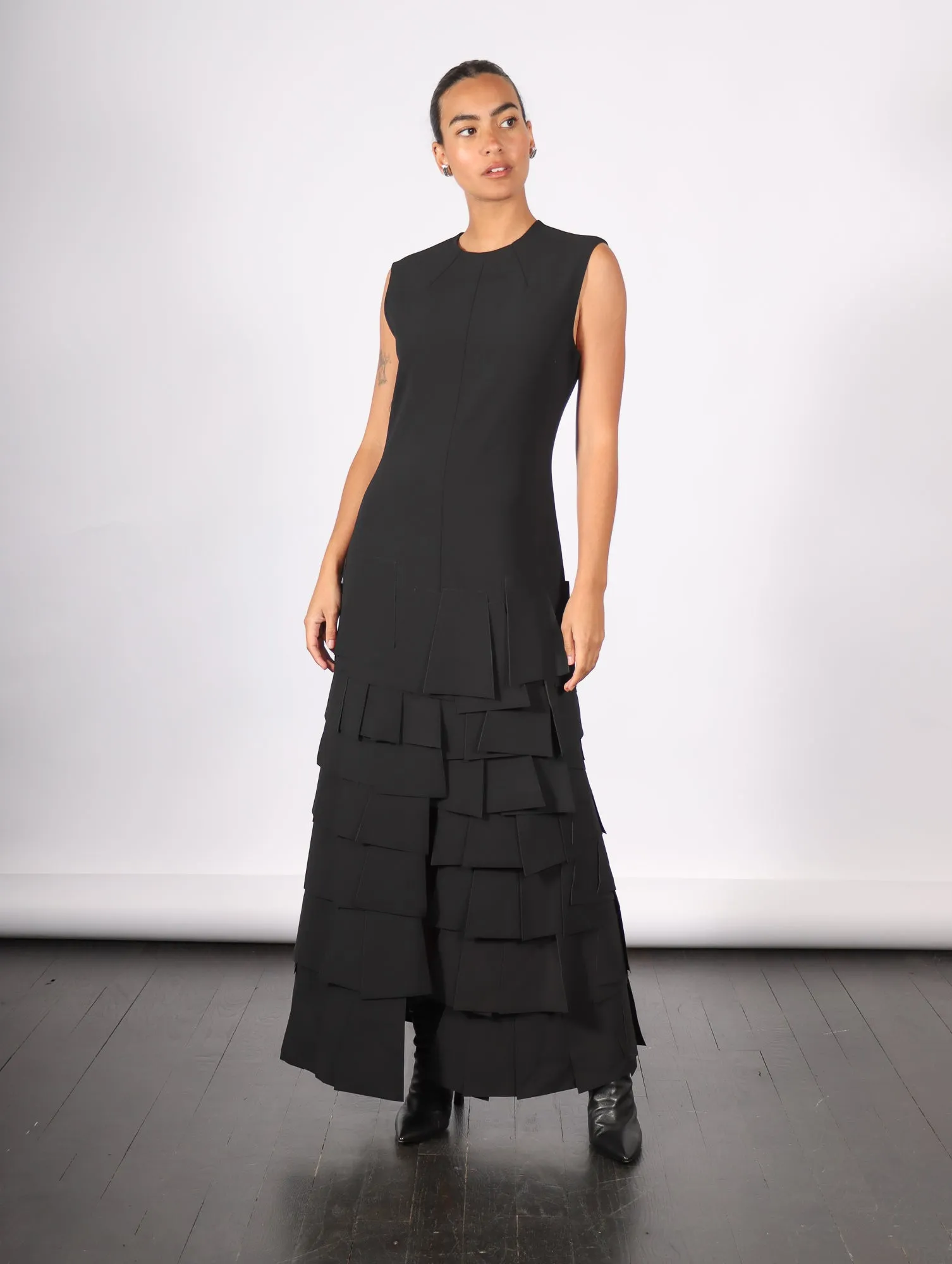 Sleeveless Laser Cut Dress in Black by A.W.A.K.E. Mode