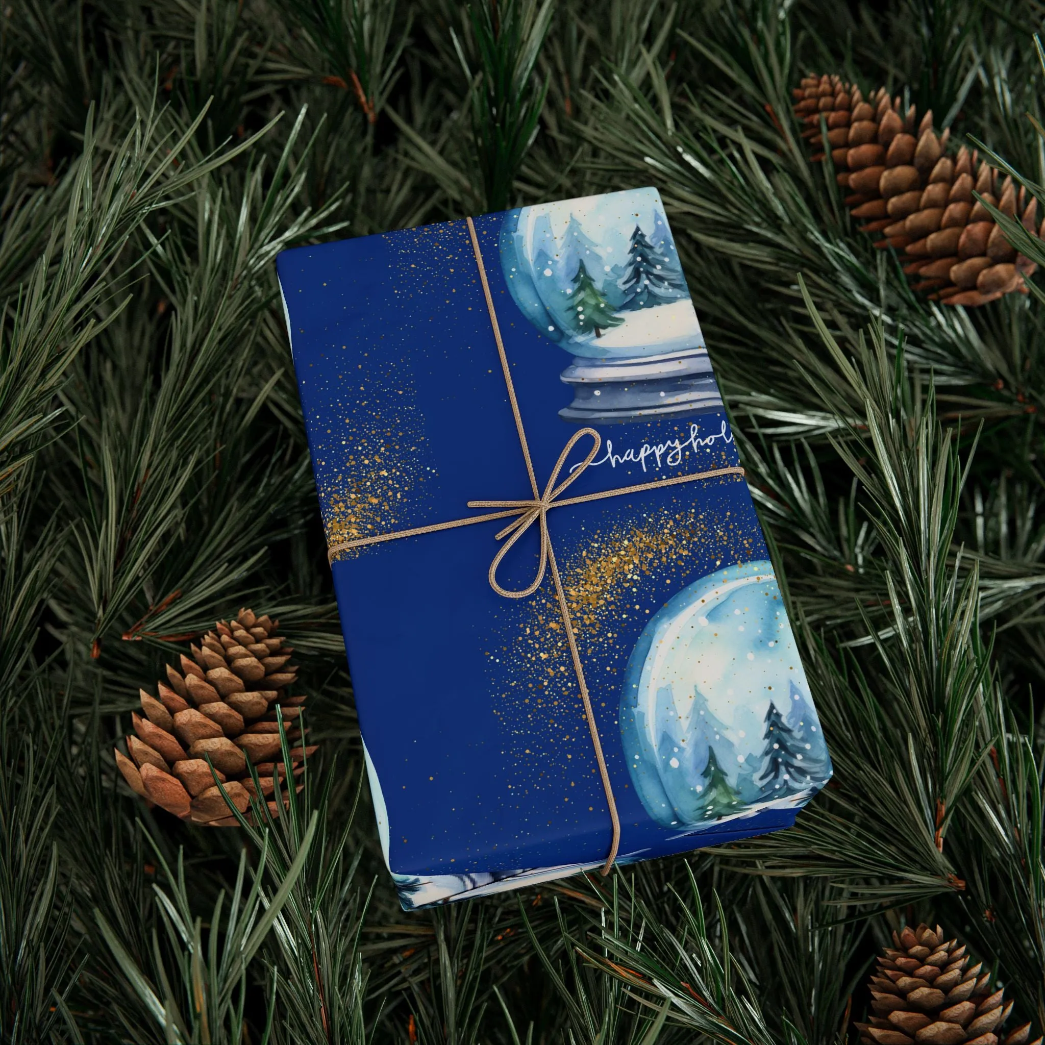 Snow Globe Holiday Wrapping Paper : Luxurious Blue Gift Wrap Festive Design, Matte or Glossy Finish, Perfect for Christmas and Holiday Gifts