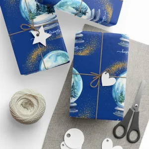 Snow Globe Holiday Wrapping Paper : Luxurious Blue Gift Wrap Festive Design, Matte or Glossy Finish, Perfect for Christmas and Holiday Gifts