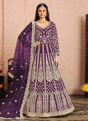 Soft Net Fabric Purple Color Zari Work Fabulous Designer Gown