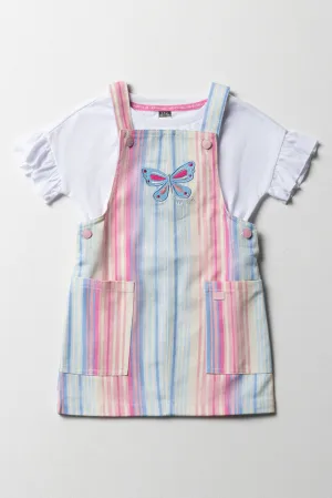 Stripe Pinafore With Frill Short Sleeve T-Shirt Pink