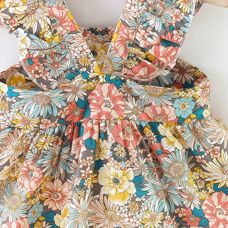 Summer Baby Girl's Dress New Vintage Garden Flower Flying Sleeve Dress