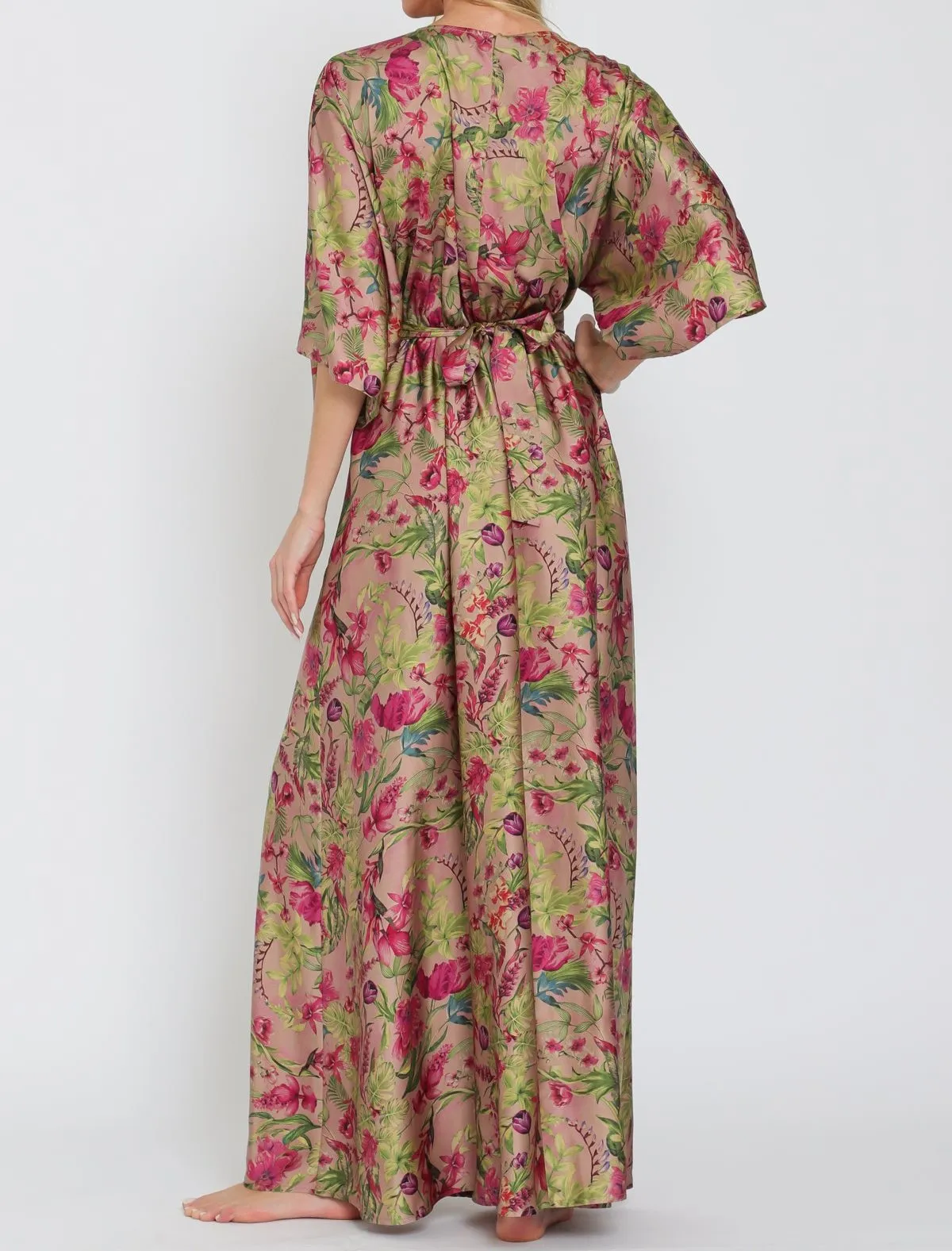 Tropical Escape Silk V-Neck Kimono Dress in Mauve/Passion