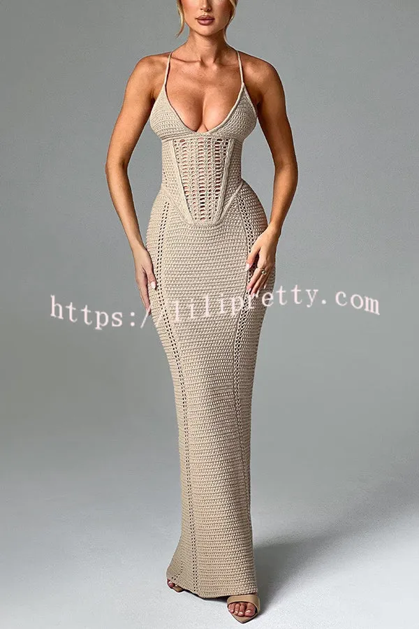 Warm Weather Favorite Knit Crochet Hollow Out Back Lace-up Stretch Maxi Dress