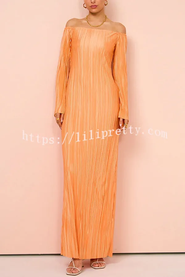 Warm Weather Hue Lightweight Pleated Off Shoulder Party Maxi Dress