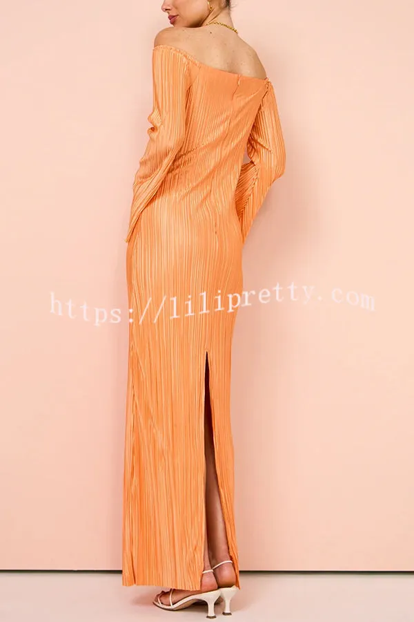 Warm Weather Hue Lightweight Pleated Off Shoulder Party Maxi Dress