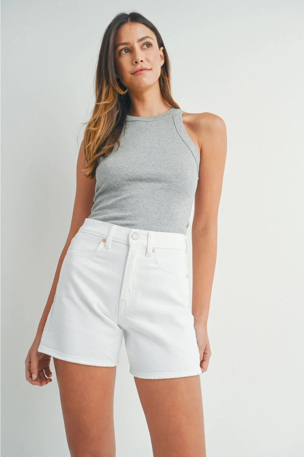 White Longer Length Stretch Denim Shorts