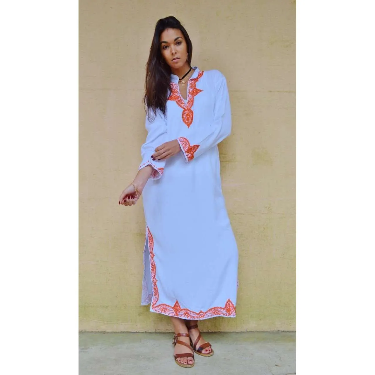 White Orange Kaftan Melik Style - Moroccan Kaftan