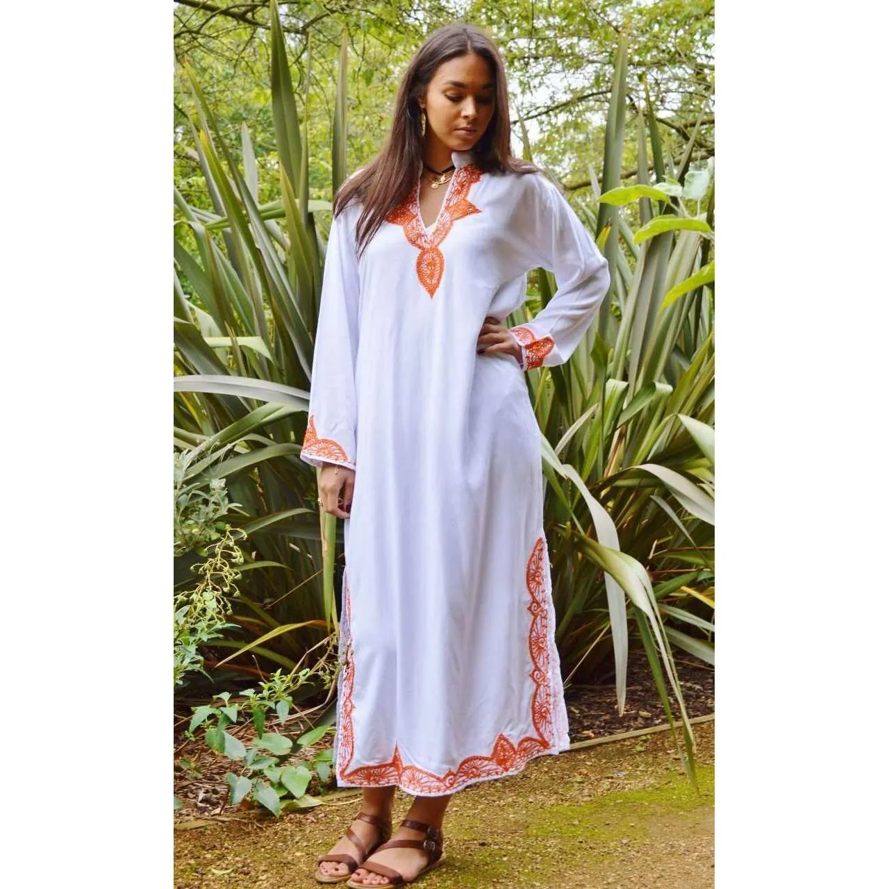 White Orange Kaftan Melik Style - Moroccan Kaftan